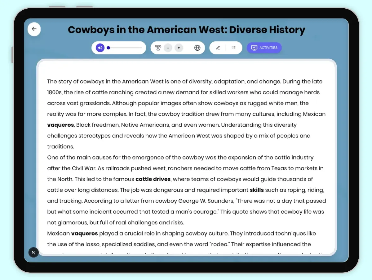 Interactive — Reading Comprehension preview: Cowboys in American West: Diverse History covering D2.HIS.2.3-5, D2.HIS.3.3-5, RI.4.3, RI.4.4, W.4.2 standards - Page 1 of 1