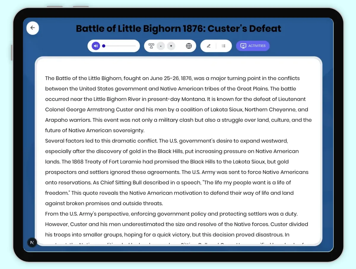Interactive — Reading Comprehension preview: Battle of Little Bighorn 1876: Custer's Defeat covering D2.HIS.2.3-5, D2.HIS.3.3-5, RI.4.3, RI.4.4, W.4.2 standards - Page 1 of 1