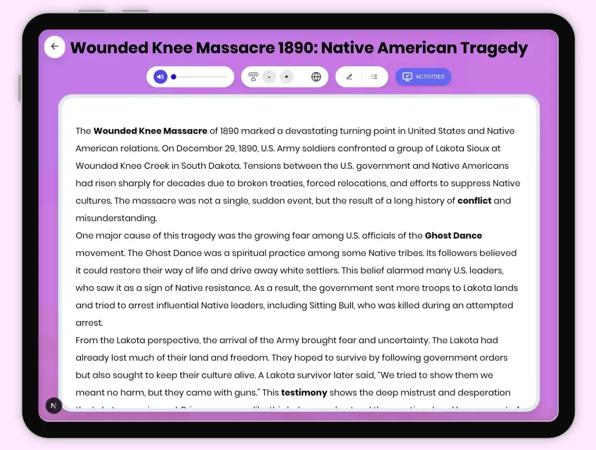 Interactive — Reading Comprehension preview: Wounded Knee Massacre 1890: Native American Tragedy covering D2.HIS.2.3-5, D2.HIS.3.3-5, RI.4.3, RI.4.4, W.4.2 standards - Page 1 of 1