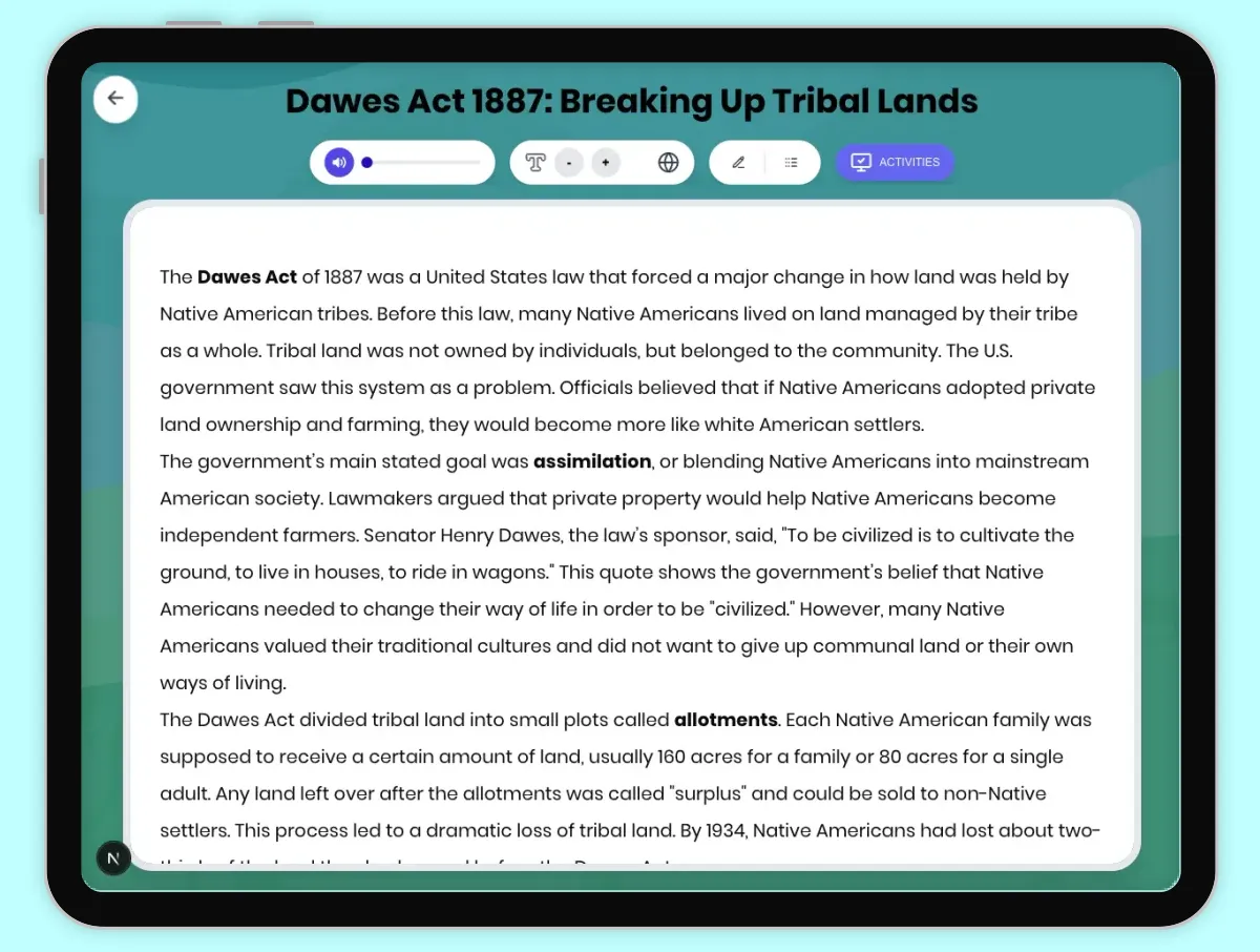 Interactive — Reading Comprehension preview: Dawes Act 1887: Breaking Up Tribal Lands covering D2.HIS.2.3-5, D2.HIS.3.3-5, RI.4.3, RI.4.4, W.4.2 standards - Page 1 of 1