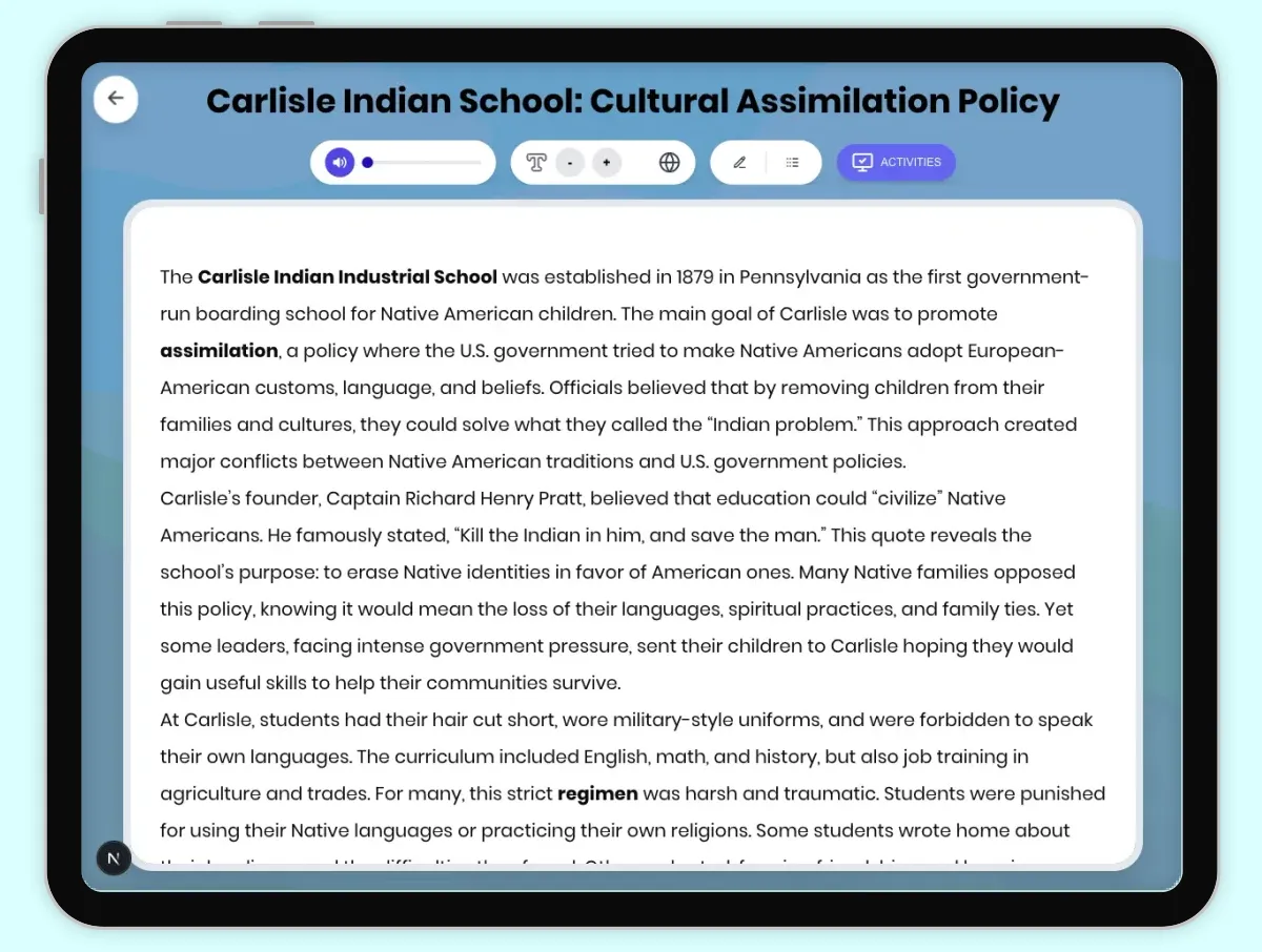 Interactive — Reading Comprehension preview: Carlisle Indian School: Cultural Assimilation Policy covering D2.HIS.2.3-5, D2.HIS.3.3-5, RI.4.3, RI.4.4, W.4.2 standards - Page 1 of 1