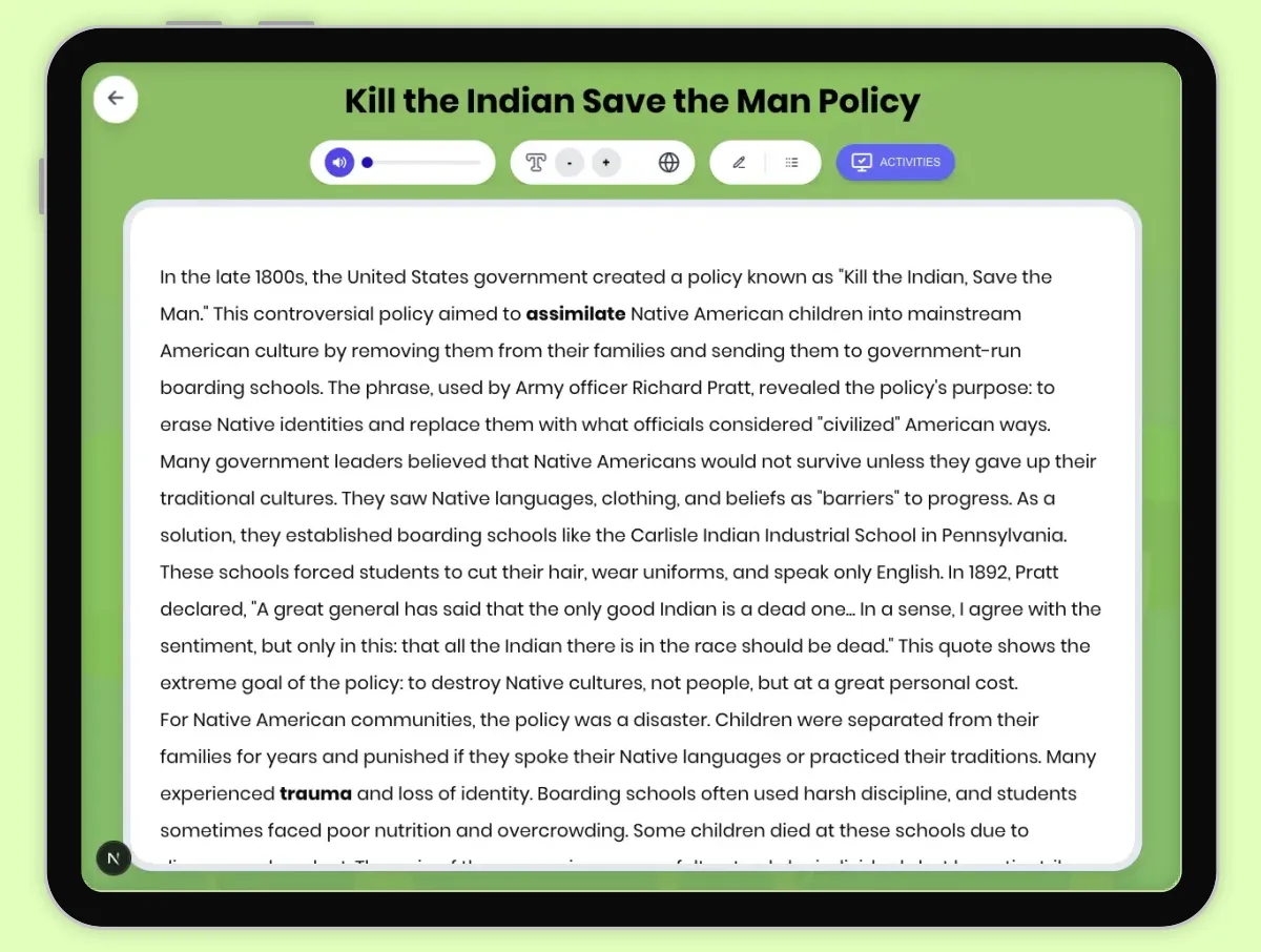 Interactive — Reading Comprehension preview: Kill the Indian Save the Man Policy covering D2.HIS.2.3-5, D2.HIS.3.3-5, RI.4.3, RI.4.4, W.4.2 standards - Page 1 of 1