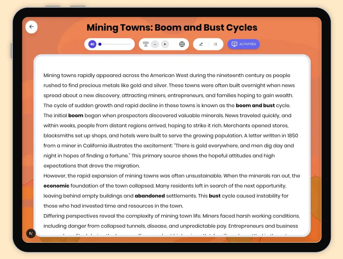 Interactive — Reading Comprehension preview: Mining Towns: Boom and Bust Cycles covering D2.HIS.2.3-5, D2.HIS.3.3-5, RI.4.3, RI.4.4, W.4.2 standards - Page 1 of 1