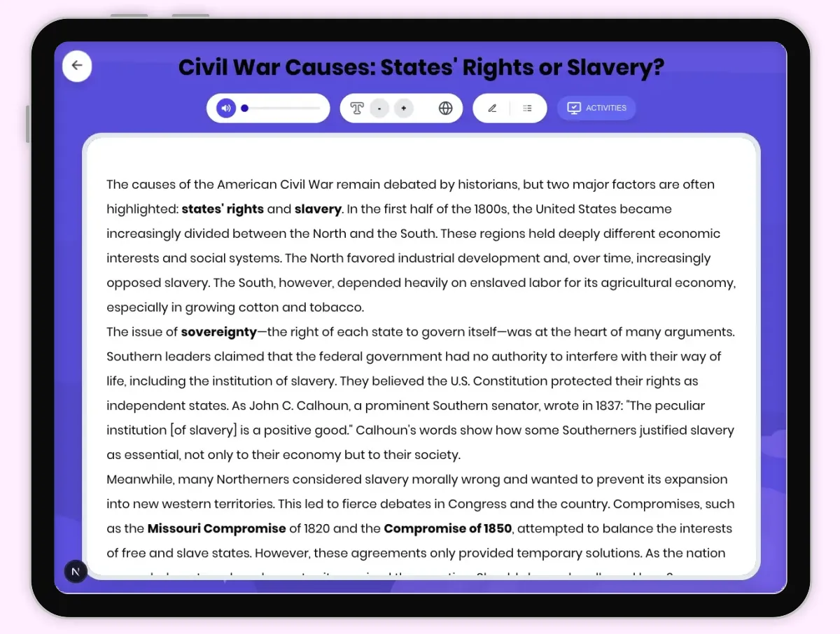 Interactive — Reading Comprehension preview: Civil War Causes: States Rights or Slavery covering D2.HIS.2.3-5, D2.HIS.3.3-5, RI.4.3, RI.4.4, W.4.2 standards - Page 1 of 1