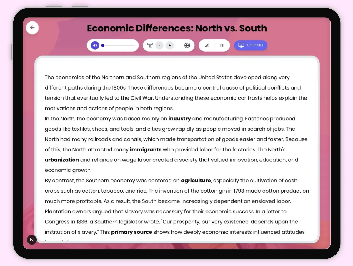 Interactive — Reading Comprehension preview: Economic Differences: North vs. South covering D2.HIS.2.3-5, D2.HIS.3.3-5, RI.4.3, RI.4.4, W.4.2 standards - Page 1 of 1