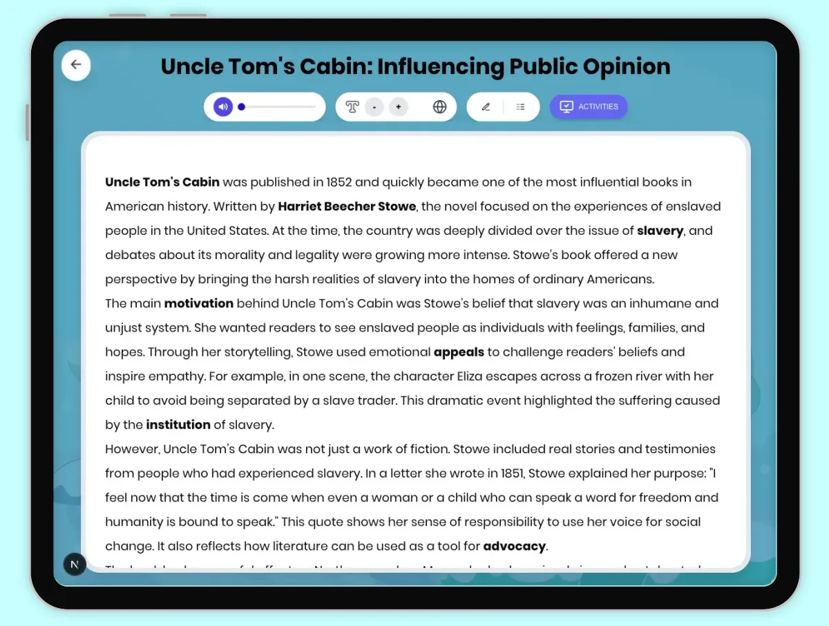 Interactive — Reading Comprehension preview: Uncle Tom's Cabin: Influencing Public Opinion covering D2.HIS.2.3-5, D2.HIS.3.3-5, RI.4.3, RI.4.4, W.4.2 standards - Page 1 of 1