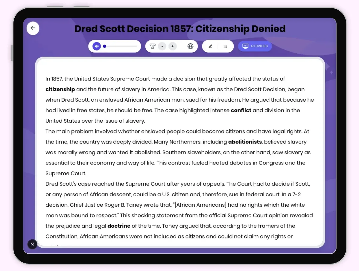 Interactive — Reading Comprehension preview: Dred Scott Decision 1857: Citizenship Denied covering D2.HIS.2.3-5, D2.HIS.3.3-5, RI.4.3, RI.4.4, W.4.2 standards - Page 1 of 1
