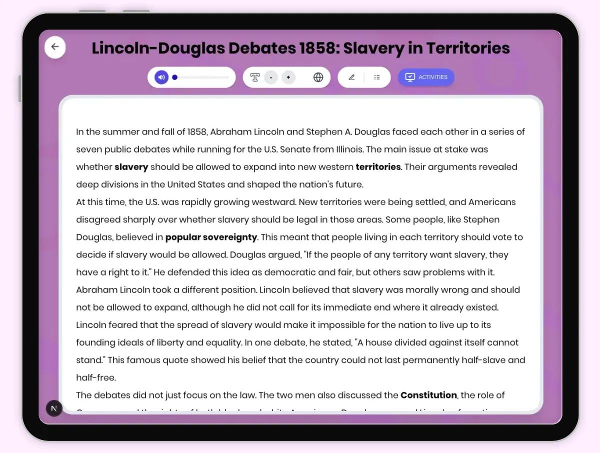 Interactive — Reading Comprehension preview: Lincoln-Douglas Debates 1858: Slavery in Territories covering D2.HIS.2.3-5, D2.HIS.3.3-5, RI.4.3, RI.4.4, W.4.2 standards - Page 1 of 1