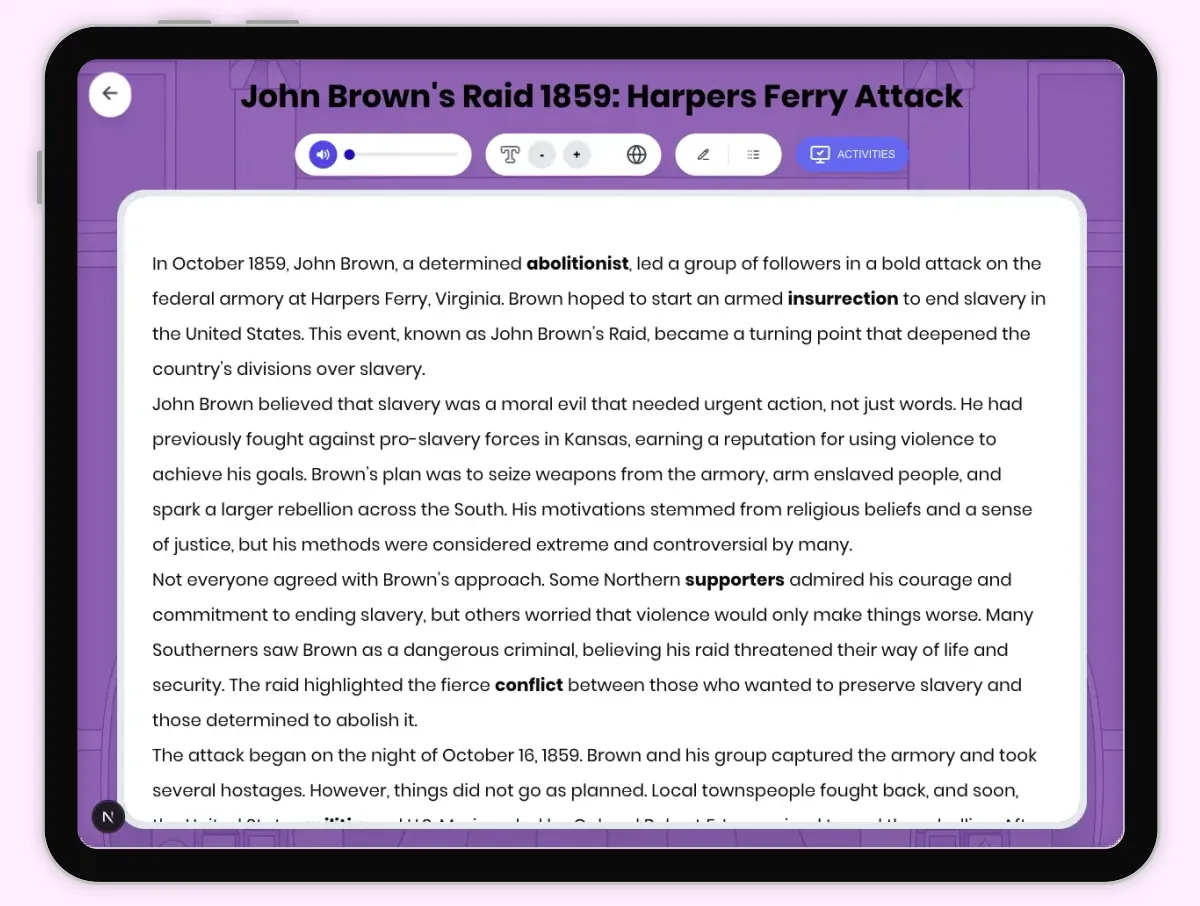 Interactive — Reading Comprehension preview: John Brown's Raid 1859: Harpers Ferry Attack covering D2.HIS.2.3-5, D2.HIS.3.3-5, RI.4.3, RI.4.4, W.4.2 standards - Page 1 of 1