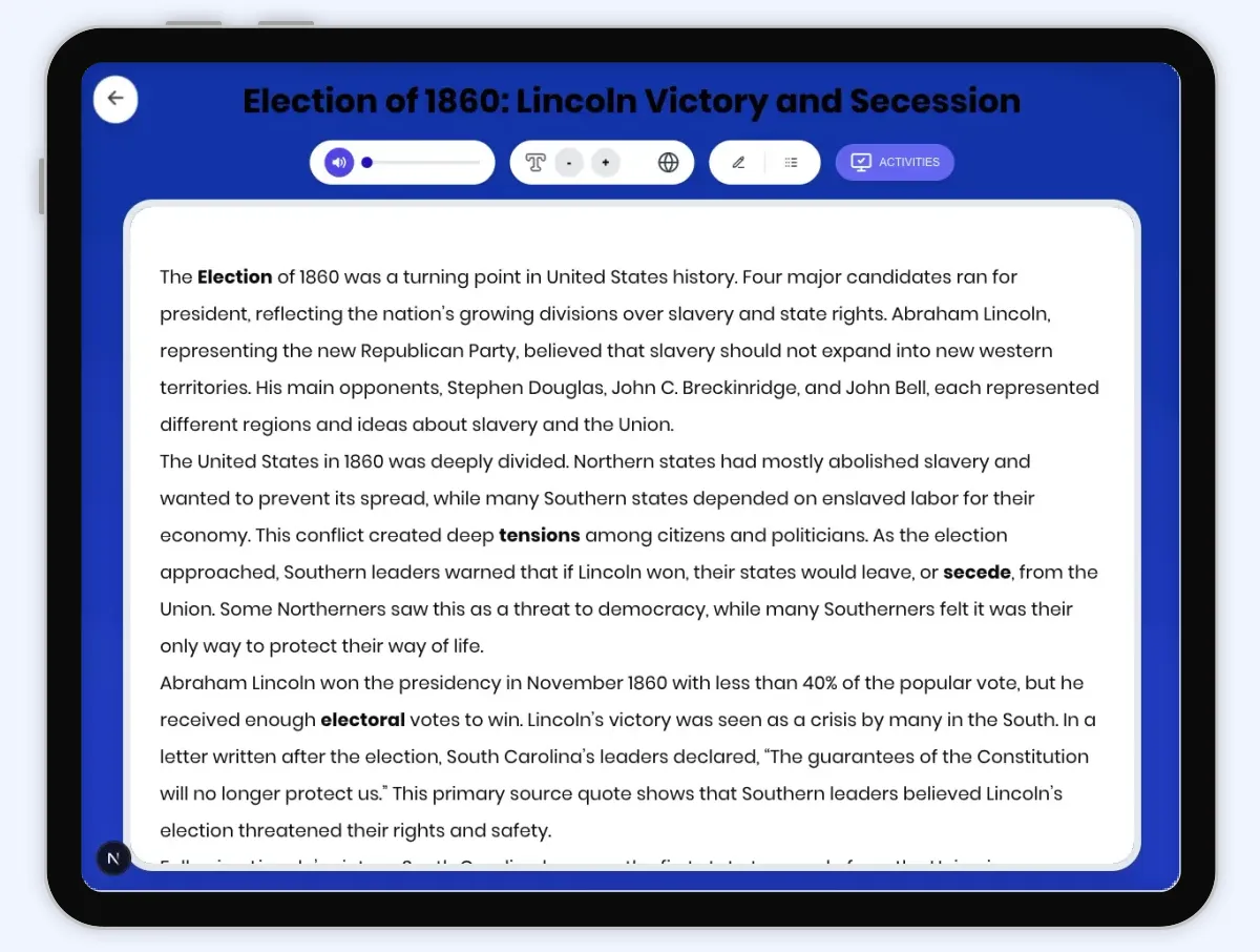 Interactive — Reading Comprehension preview: Election of 1860: Lincoln Victory and Secession covering D2.HIS.2.3-5, D2.HIS.3.3-5, RI.4.3, RI.4.4, W.4.2 standards - Page 1 of 1