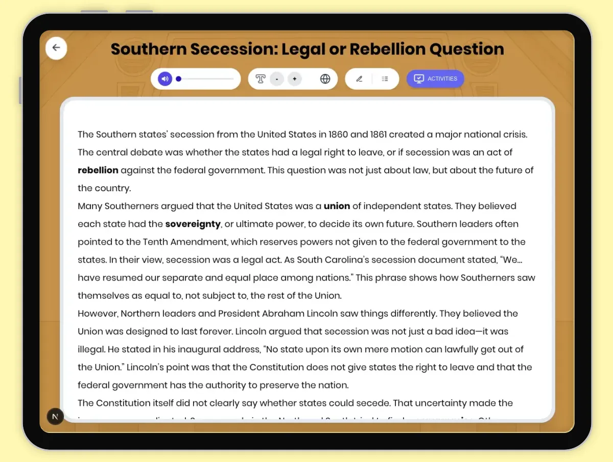 Interactive — Reading Comprehension preview: Southern Secession: Legal or Rebellion Question covering D2.HIS.2.3-5, D2.HIS.3.3-5, RI.4.3, RI.4.4, W.4.2 standards - Page 1 of 1