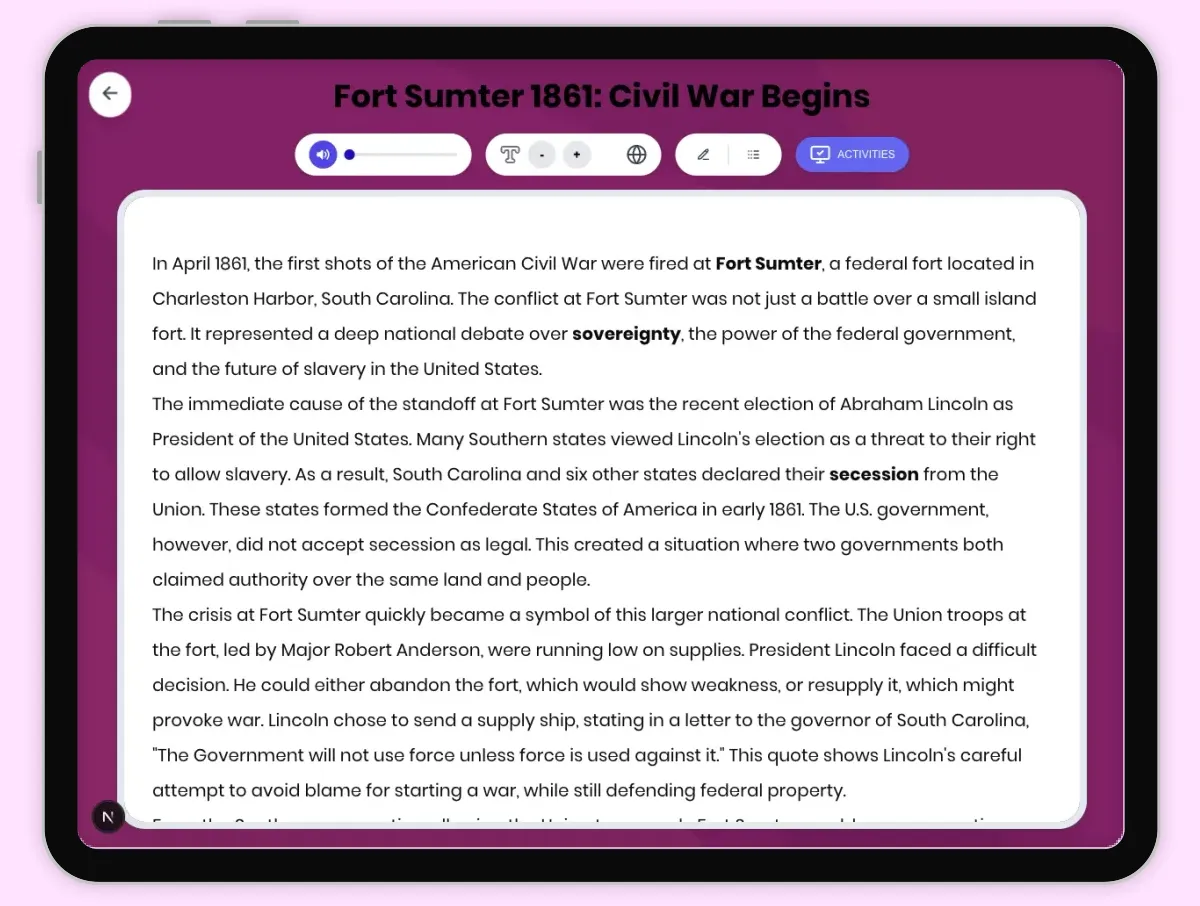Interactive — Reading Comprehension preview: Fort Sumter 1861: Civil War Begins covering D2.HIS.2.3-5, D2.HIS.3.3-5, RI.4.3, RI.4.4, W.4.2 standards - Page 1 of 1