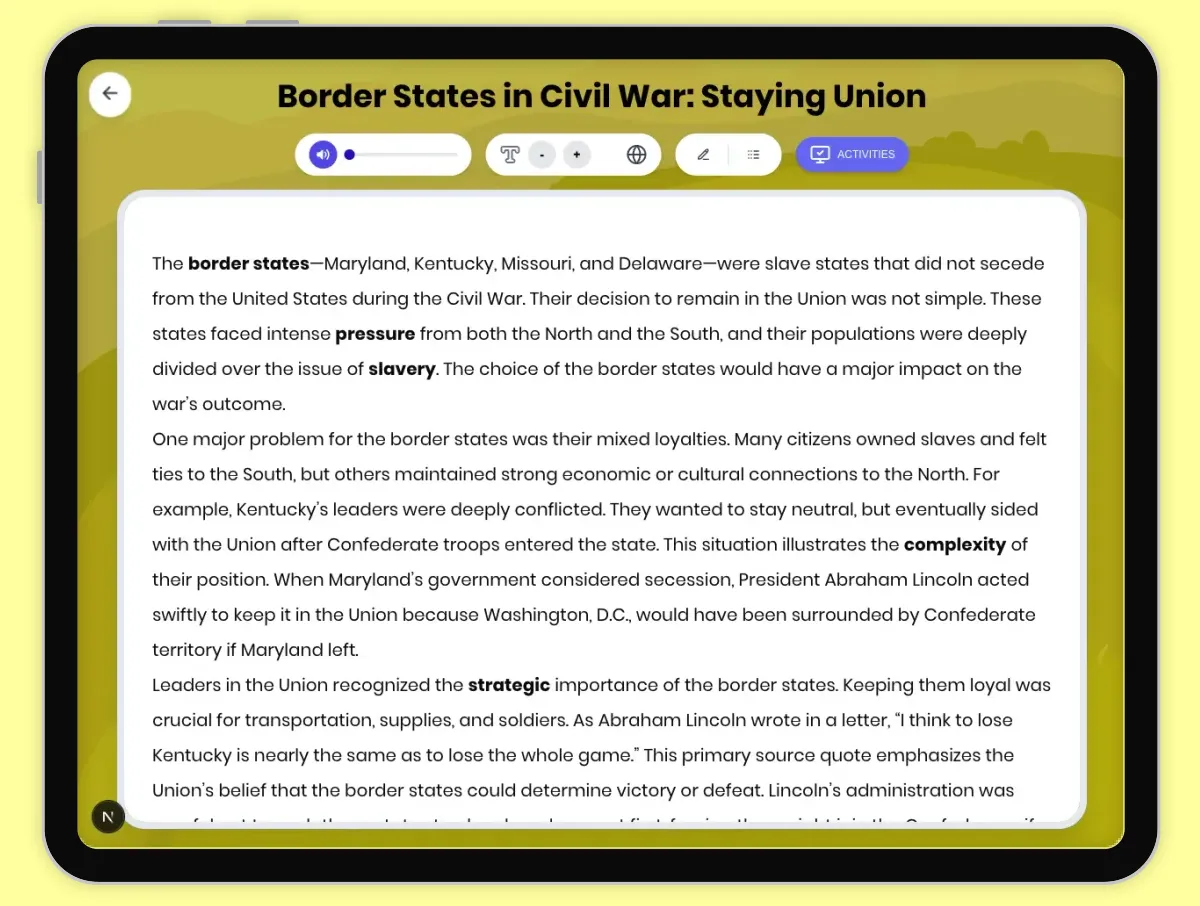 Interactive — Reading Comprehension preview: Border States in Civil War: Staying Union covering D2.HIS.2.3-5, D2.HIS.3.3-5, RI.4.3, RI.4.4, W.4.2 standards - Page 1 of 1