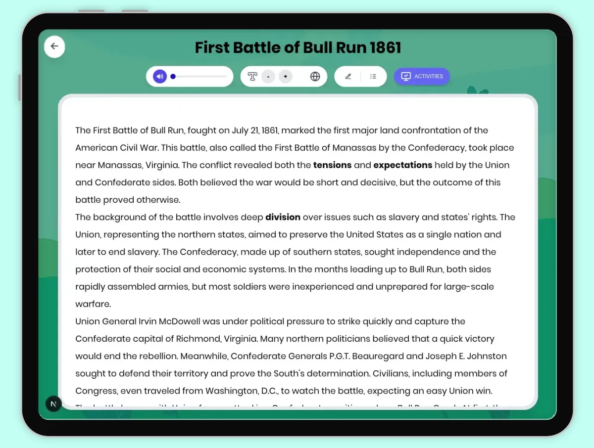 Interactive — Reading Comprehension preview: First Battle of Bull Run 1861 covering D2.HIS.2.3-5, D2.HIS.3.3-5, RI.4.3, RI.4.4, W.4.2 standards - Page 1 of 1