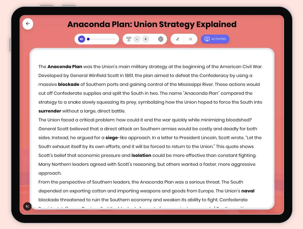 Interactive — Reading Comprehension preview: Anaconda Plan: Union Strategy Explained covering D2.HIS.2.3-5, D2.HIS.3.3-5, RI.4.3, RI.4.4, W.4.2 standards - Page 1 of 1