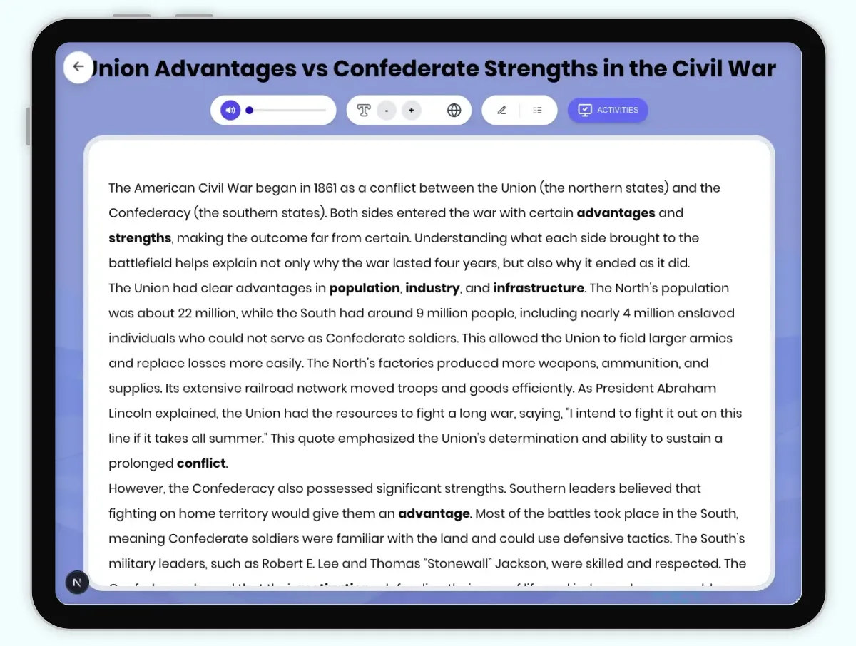 Interactive — Reading Comprehension preview: Union Advantages vs Confederate Strengths Civil War covering D2.HIS.2.3-5, D2.HIS.3.3-5, RI.4.3, RI.4.4, W.4.2 standards - Page 1 of 1