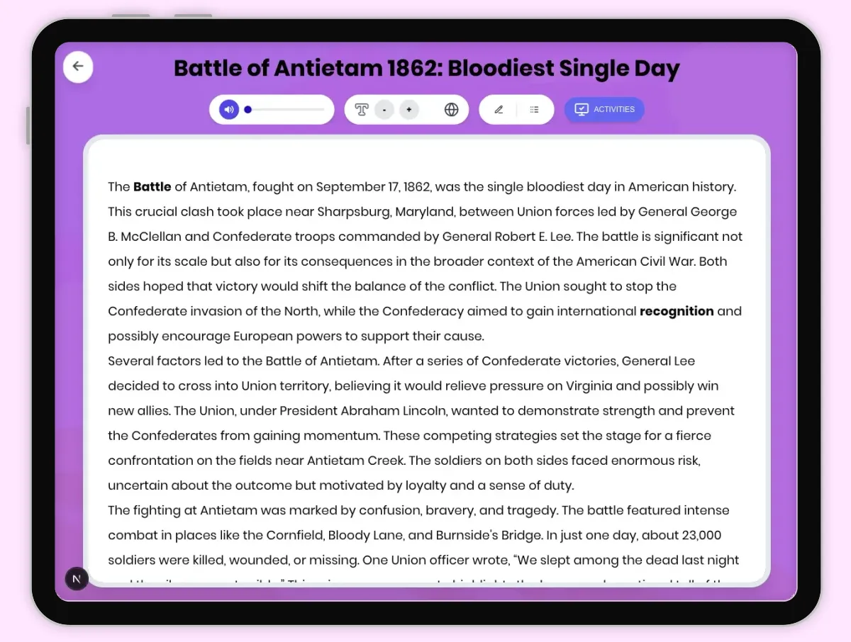 Interactive — Reading Comprehension preview: Battle of Antietam 1862: Bloodiest Single Day covering D2.HIS.2.3-5, D2.HIS.3.3-5, RI.4.3, RI.4.4, W.4.2 standards - Page 1 of 1