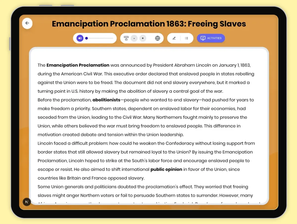 Interactive — Reading Comprehension preview: Emancipation Proclamation 1863: Freeing Slaves covering D2.HIS.2.3-5, D2.HIS.3.3-5, RI.4.3, RI.4.4, W.4.2 standards - Page 1 of 1