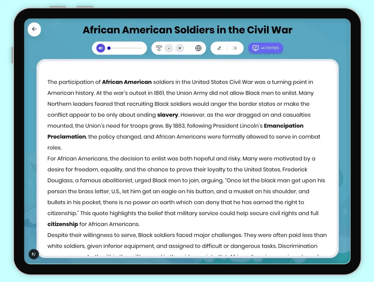 Interactive — Reading Comprehension preview: African American Soldiers in Civil War covering D2.HIS.2.3-5, D2.HIS.3.3-5, RI.4.3, RI.4.4, W.4.2 standards - Page 1 of 1