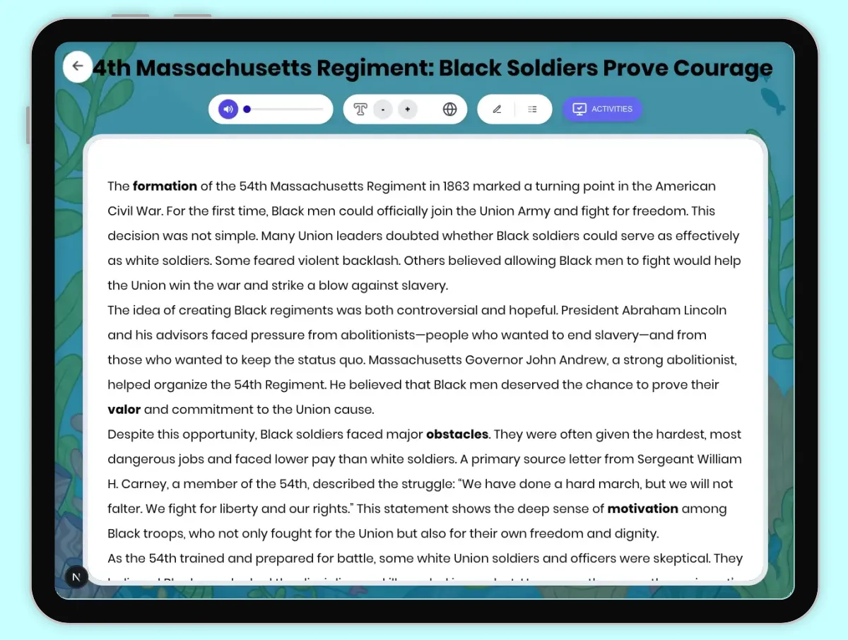 Interactive — Reading Comprehension preview: 54th Massachusetts Regiment: Black Soldiers Prove Courage covering D2.HIS.2.3-5, D2.HIS.3.3-5, RI.4.3, RI.4.4, W.4.2 standards - Page 1 of 1