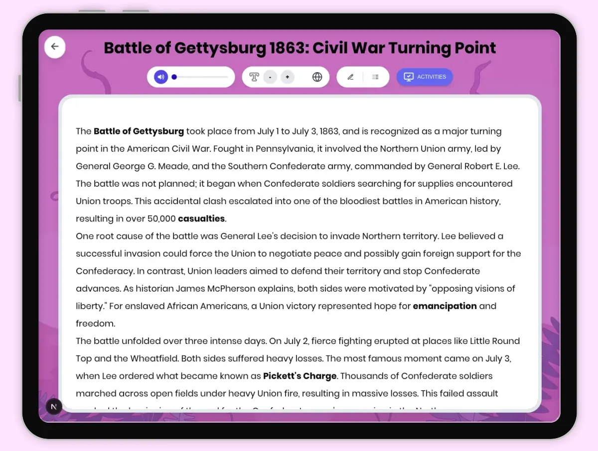 Interactive — Reading Comprehension preview: Battle of Gettysburg 1863: Civil War Turning Point covering D2.HIS.2.3-5, D2.HIS.3.3-5, RI.4.3, RI.4.4, W.4.2 standards - Page 1 of 1