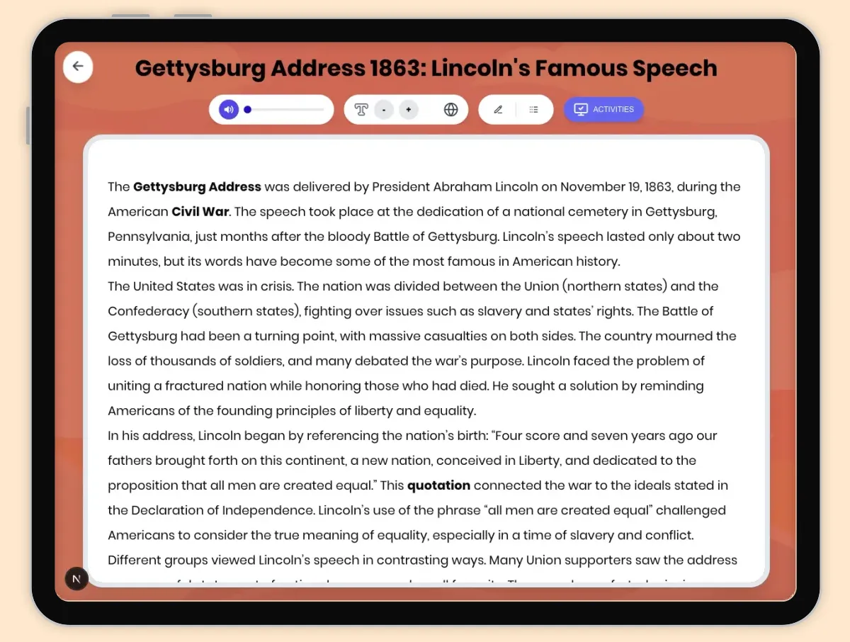 Interactive — Reading Comprehension preview: Gettysburg Address 1863: Lincoln's Famous Speech covering D2.HIS.2.3-5, D2.HIS.3.3-5, RI.4.3, RI.4.4, W.4.2 standards - Page 1 of 1
