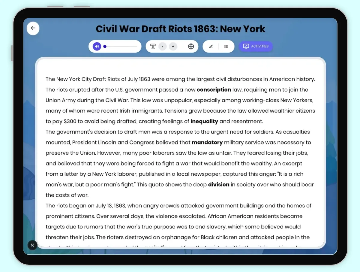 Interactive — Reading Comprehension preview: Civil War Draft Riots 1863: New York covering D2.HIS.2.3-5, D2.HIS.3.3-5, RI.4.3, RI.4.4, W.4.2 standards - Page 1 of 1