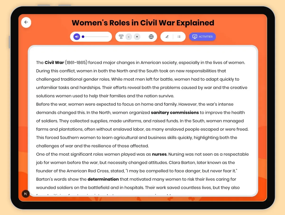 Interactive — Reading Comprehension preview: Women's Roles in Civil War Explained covering D2.HIS.2.3-5, D2.HIS.3.3-5, RI.4.3, RI.4.4, W.4.2 standards - Page 1 of 1
