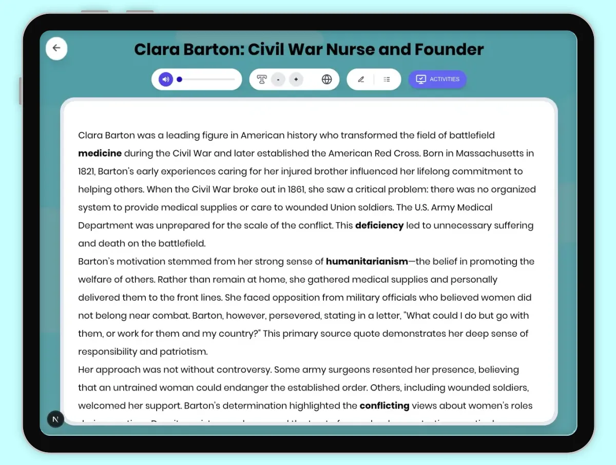 Interactive — Reading Comprehension preview: Clara Barton: Civil War Nurse and Founder covering D2.HIS.2.3-5, D2.HIS.3.3-5, RI.4.3, RI.4.4, W.4.2 standards - Page 1 of 1