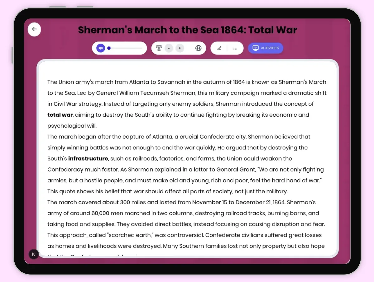 Interactive — Reading Comprehension preview: Sherman's March to Sea 1864: Total War covering D2.HIS.2.3-5, D2.HIS.3.3-5, RI.4.3, RI.4.4, W.4.2 standards - Page 1 of 1