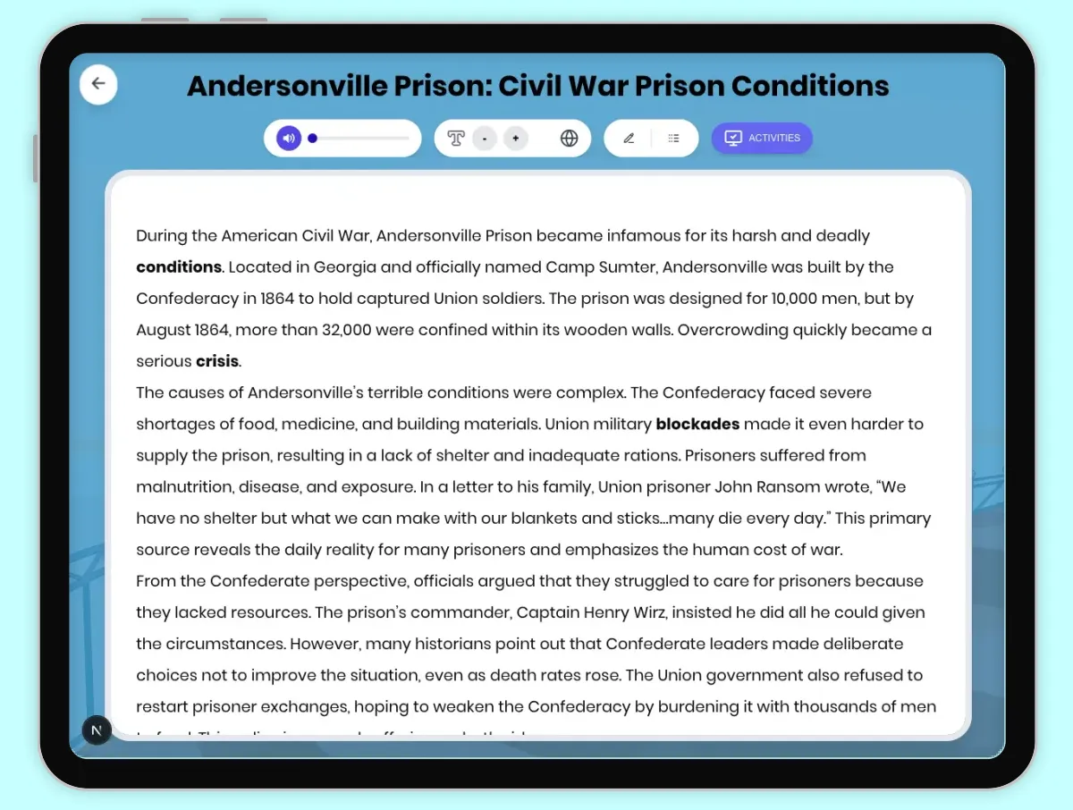 Interactive — Reading Comprehension preview: Andersonville Prison: Civil War Prison Conditions covering D2.HIS.2.3-5, D2.HIS.3.3-5, RI.4.3, RI.4.4, W.4.2 standards - Page 1 of 1