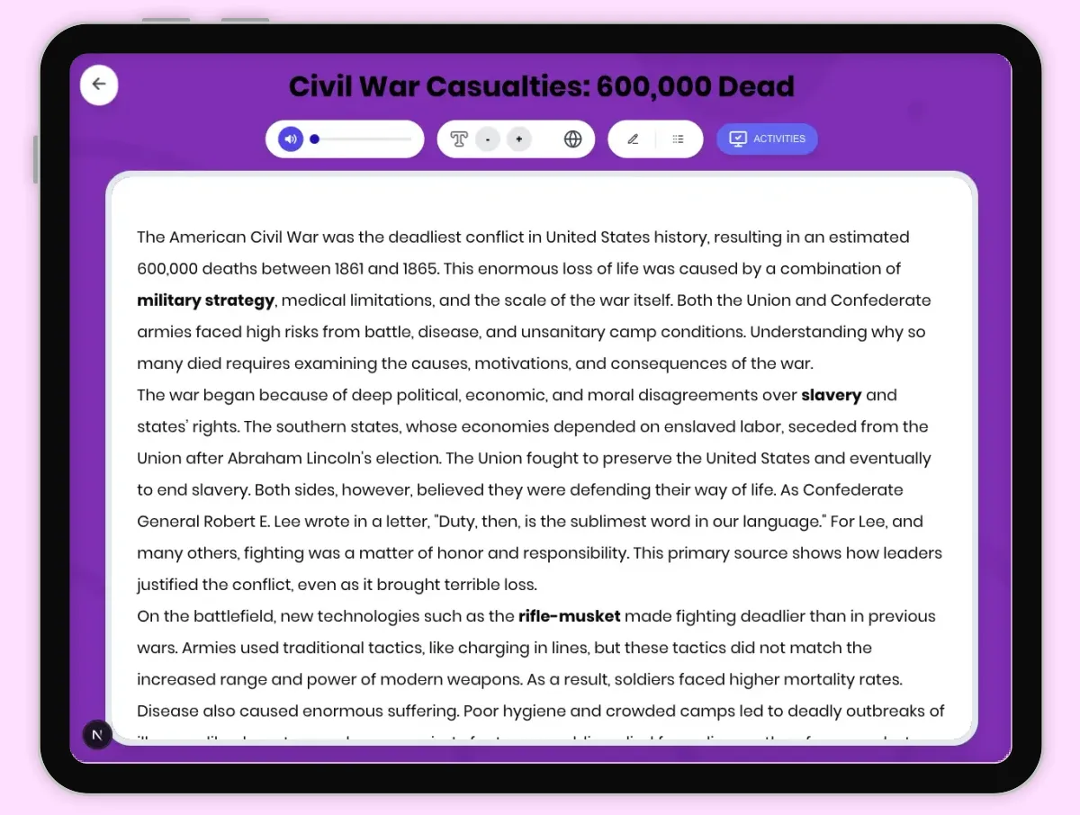 Interactive — Reading Comprehension preview: Civil War Casualties: 600,000 Dead covering D2.HIS.2.3-5, D2.HIS.3.3-5, RI.4.3, RI.4.4, W.4.2 standards - Page 1 of 1