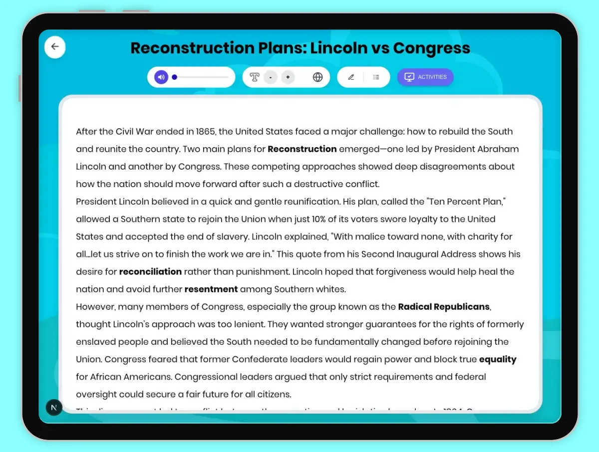 Interactive — Reading Comprehension preview: Reconstruction Plans: Lincoln vs Congress covering D2.HIS.2.3-5, D2.HIS.3.3-5, RI.4.3, RI.4.4, W.4.2 standards - Page 1 of 1