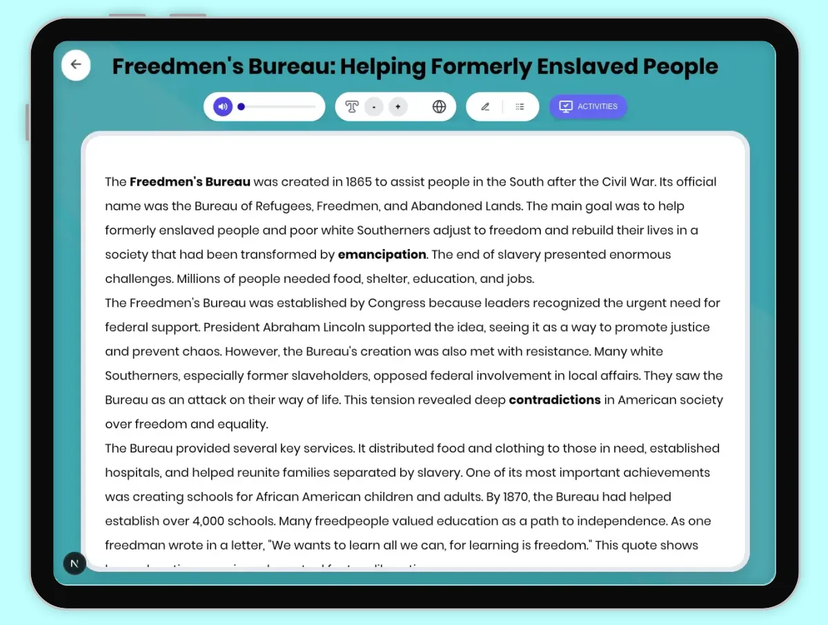 Interactive — Reading Comprehension preview: Freedmen's Bureau: Helping Formerly Enslaved People covering D2.HIS.2.3-5, D2.HIS.3.3-5, RI.4.3, RI.4.4, W.4.2 standards - Page 1 of 1