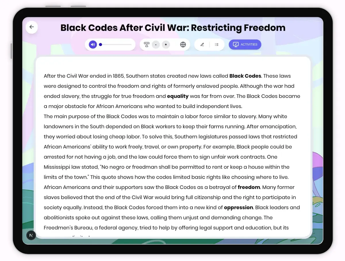 Interactive — Reading Comprehension preview: Black Codes After Civil War: Restricting Freedom covering D2.HIS.2.3-5, D2.HIS.3.3-5, RI.4.3, RI.4.4, W.4.2 standards - Page 1 of 1