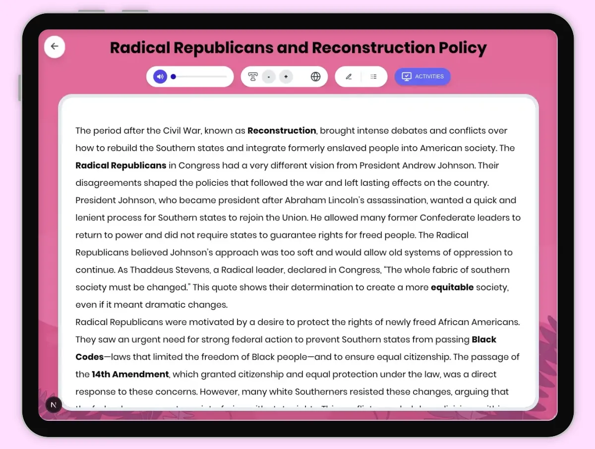 Interactive — Reading Comprehension preview: Radical Republicans and Reconstruction Policy covering D2.HIS.2.3-5, D2.HIS.3.3-5, RI.4.3, RI.4.4, W.4.2 standards - Page 1 of 1