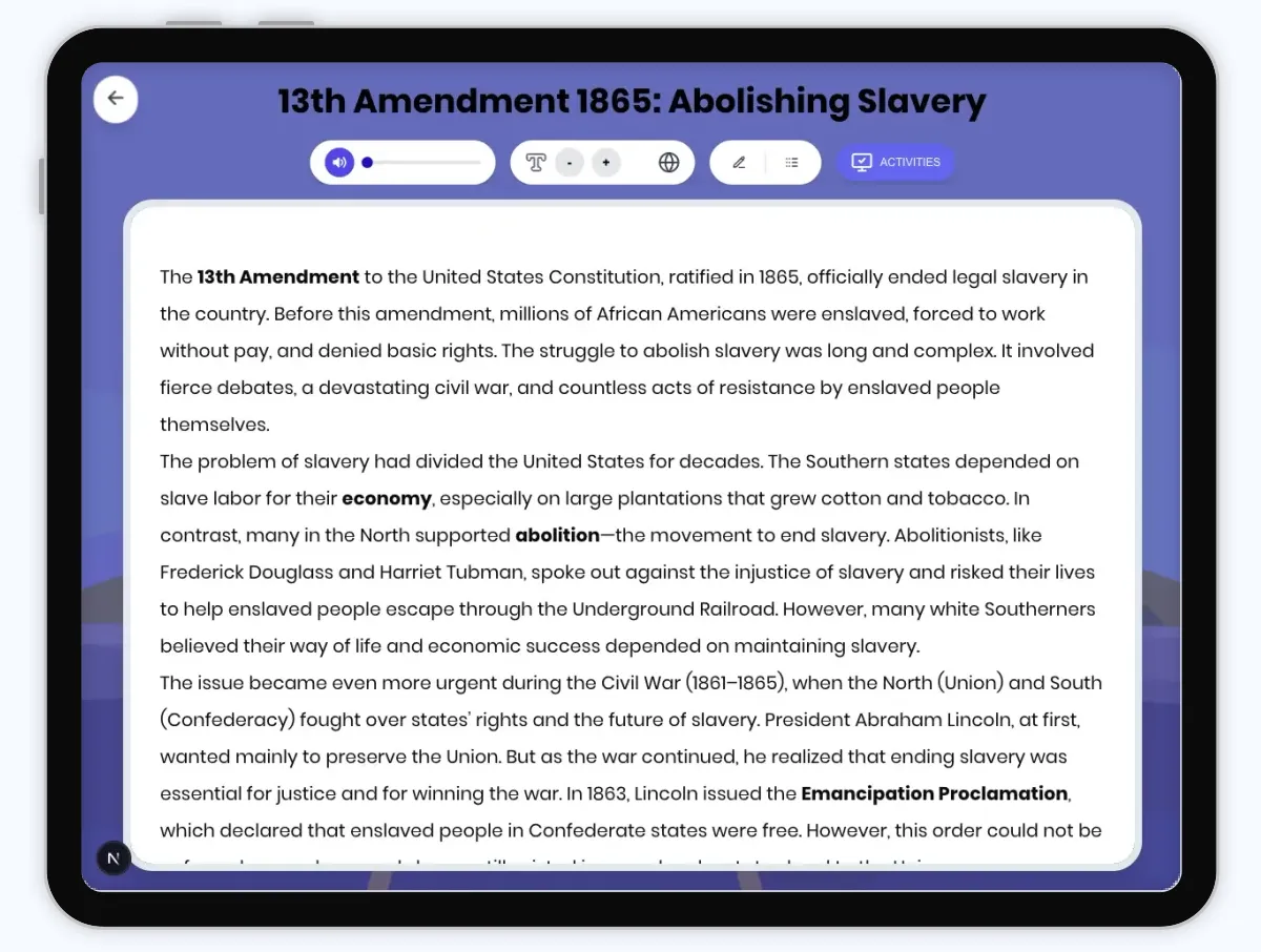 Interactive — Reading Comprehension preview: 13th Amendment 1865: Abolishing Slavery covering D2.HIS.2.3-5, D2.HIS.3.3-5, RI.4.3, RI.4.4, W.4.2 standards - Page 1 of 1