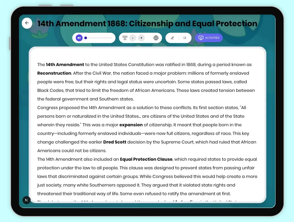 Interactive — Reading Comprehension preview: 14th Amendment 1868: Citizenship and Equal Protection covering D2.HIS.2.3-5, D2.HIS.3.3-5, RI.4.3, RI.4.4, W.4.2 standards - Page 1 of 1