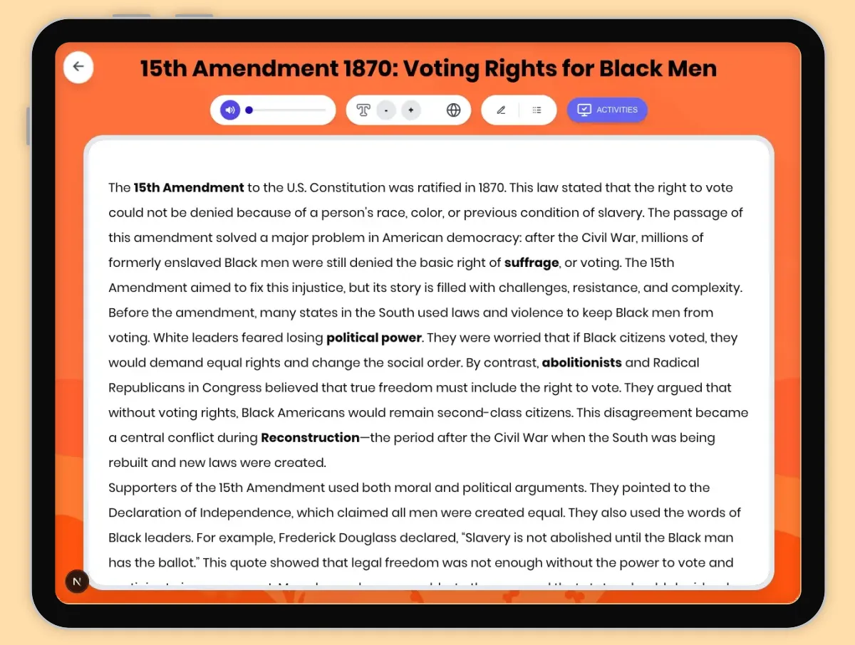 Interactive — Reading Comprehension preview: 15th Amendment 1870: Voting Rights for Black Men covering D2.HIS.2.3-5, D2.HIS.3.3-5, RI.4.3, RI.4.4, W.4.2 standards - Page 1 of 1