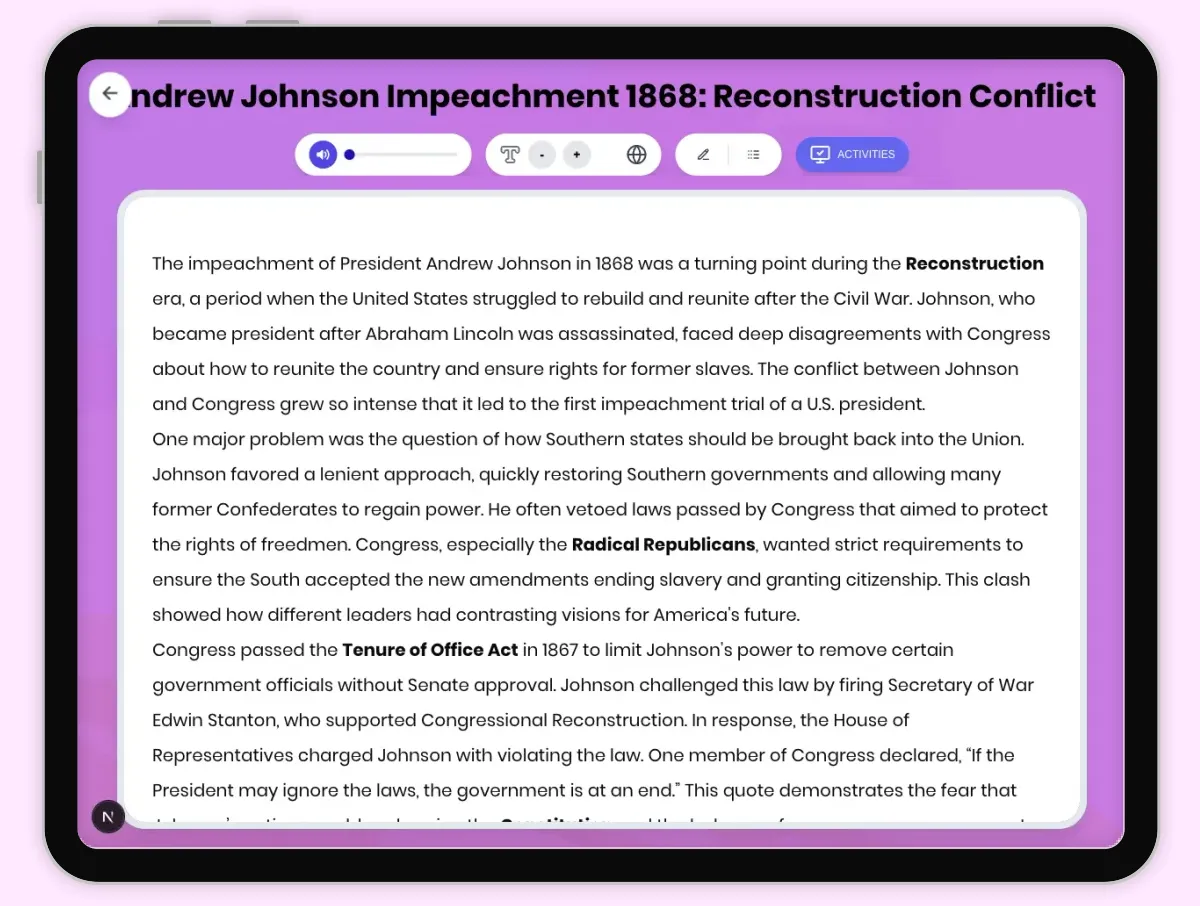 Interactive — Reading Comprehension preview: Andrew Johnson Impeachment 1868: Reconstruction Conflict covering D2.HIS.2.3-5, D2.HIS.3.3-5, RI.4.3, RI.4.4, W.4.2 standards - Page 1 of 1