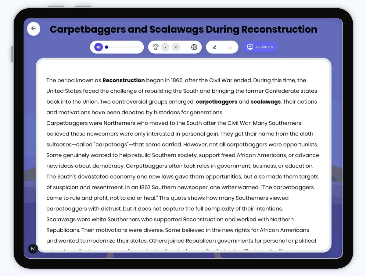 Interactive — Reading Comprehension preview: Carpetbaggers and Scalawags During Reconstruction covering D2.HIS.2.3-5, D2.HIS.3.3-5, RI.4.3, RI.4.4, W.4.2 standards - Page 1 of 1