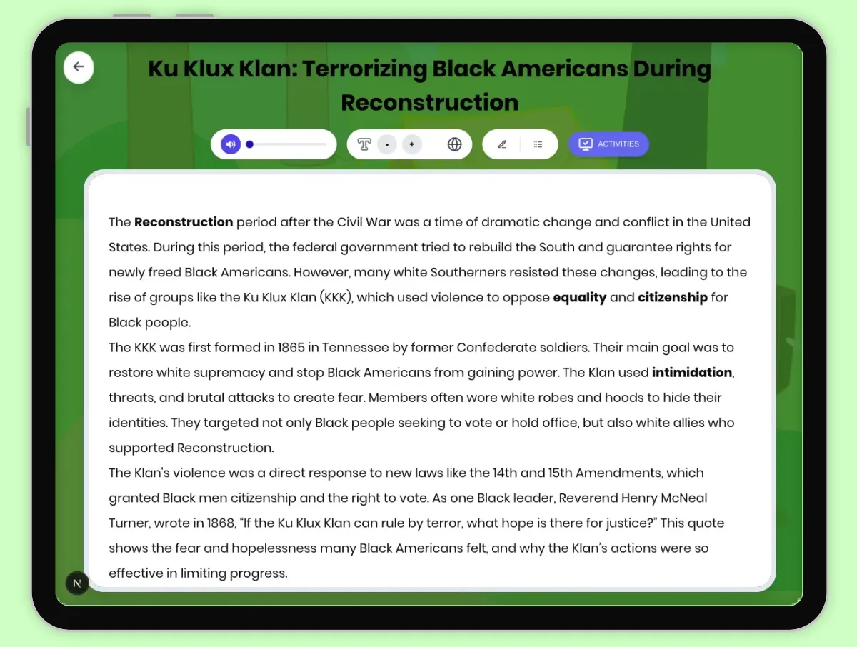 Interactive — Reading Comprehension preview: Ku Klux Klan: Terrorizing Black Americans Reconstruction covering D2.HIS.2.3-5, D2.HIS.3.3-5, RI.4.3, RI.4.4, W.4.2 standards - Page 1 of 1