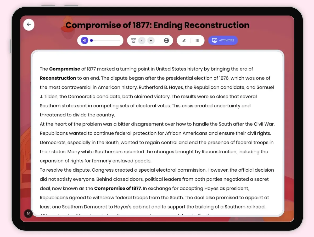 Interactive — Reading Comprehension preview: Compromise of 1877: Ending Reconstruction covering D2.HIS.2.3-5, D2.HIS.3.3-5, RI.4.3, RI.4.4, W.4.2 standards - Page 1 of 1