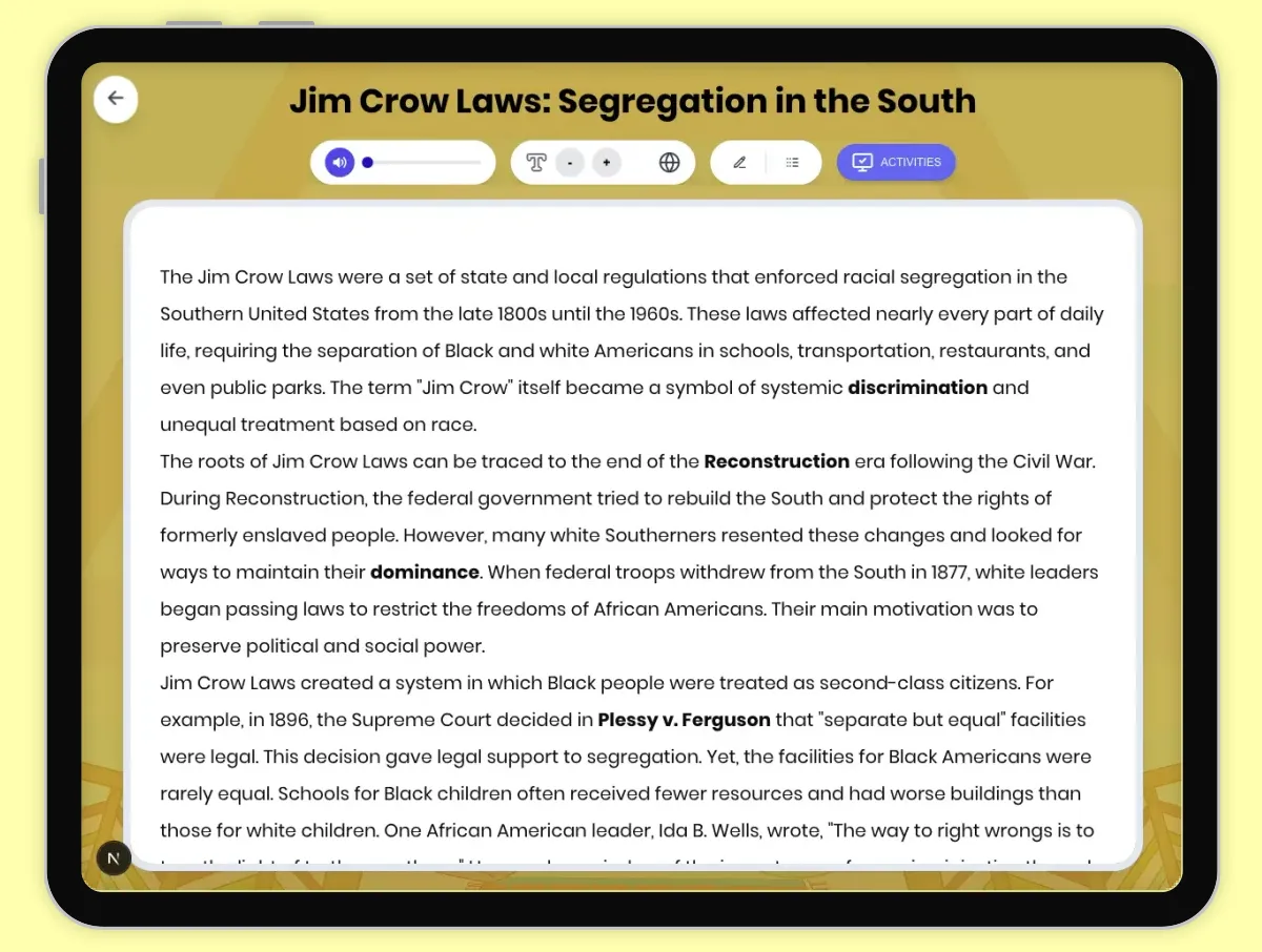 Interactive — Reading Comprehension preview: Jim Crow Laws: Segregation in the South covering D2.HIS.2.3-5, D2.HIS.3.3-5, RI.4.3, RI.4.4, W.4.2 standards - Page 1 of 1