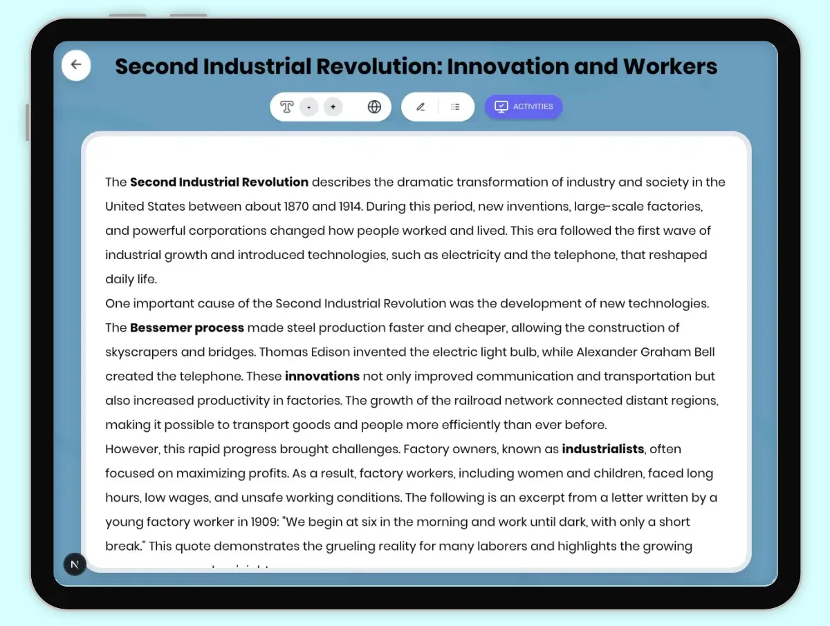 Interactive — Reading Comprehension preview: Second Industrial Revolution: Innovation and Workers covering D2.HIS.2.3-5, D2.HIS.3.3-5, RI.4.3, RI.4.4, W.4.2 standards - Page 1 of 1