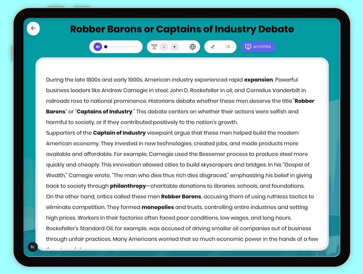Interactive — Reading Comprehension preview: Robber Barons or Captains of Industry Debate covering D2.HIS.2.3-5, D2.HIS.3.3-5, RI.4.3, RI.4.4, W.4.2 standards - Page 1 of 1