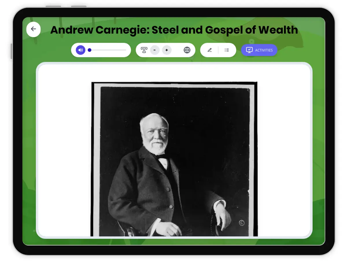 Interactive — Reading Comprehension preview: Andrew Carnegie's Empire covering D2.HIS.2.3-5, D2.HIS.3.3-5, RI.6.3, RI.6.4, W.6.2 standards - Page 1 of 1