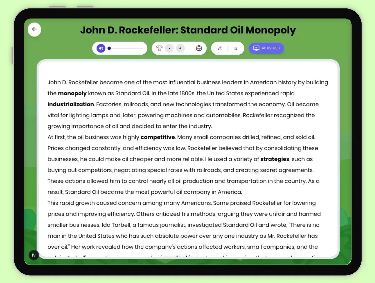 Interactive — Reading Comprehension preview: John D Rockefeller: Standard Oil Monopoly covering D2.HIS.2.3-5, D2.HIS.3.3-5, RI.4.3, RI.4.4, W.4.2 standards - Page 1 of 1