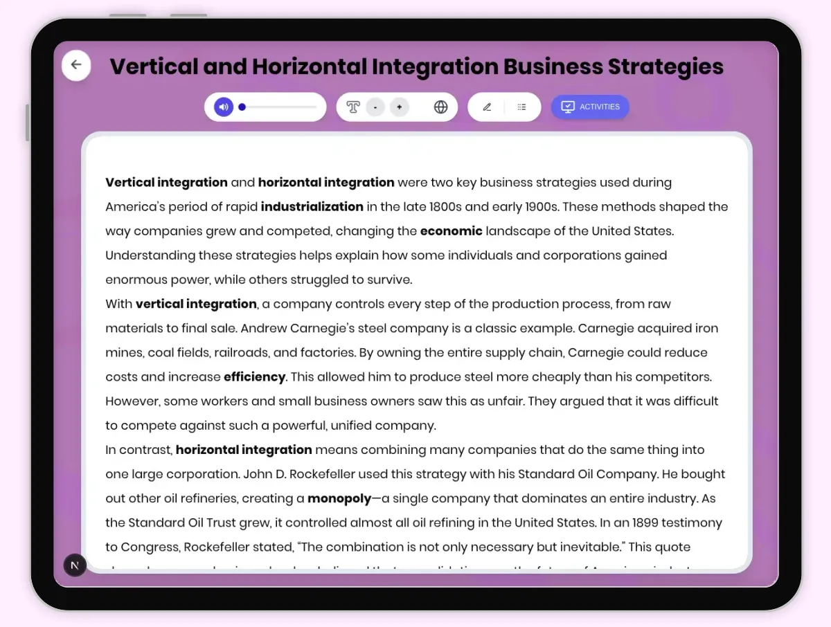 Interactive — Reading Comprehension preview: Vertical and Horizontal Integration Business Strategies covering D2.HIS.2.3-5, D2.HIS.3.3-5, RI.4.3, RI.4.4, W.4.2 standards - Page 1 of 1