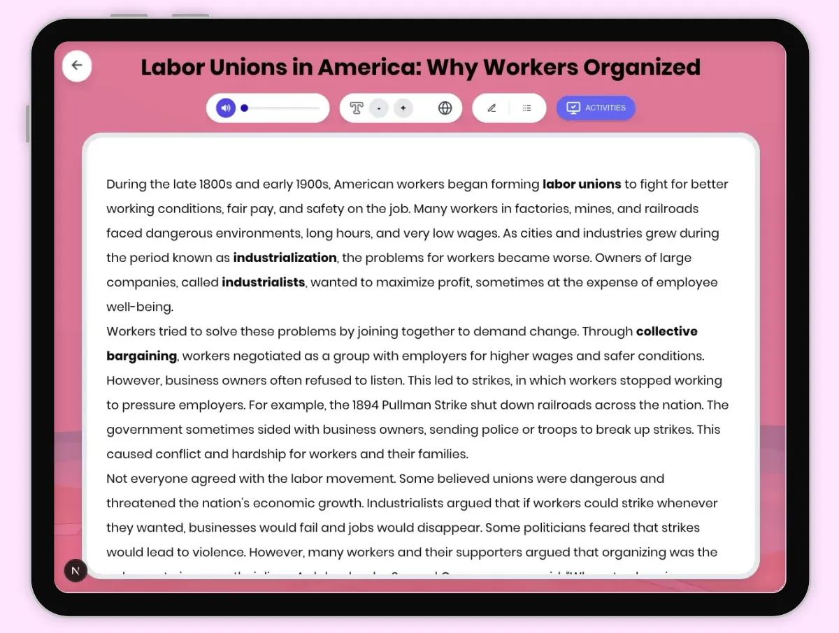 Interactive — Reading Comprehension preview: Labor Unions in America: Why Workers Organized covering D2.HIS.2.3-5, D2.HIS.3.3-5, RI.4.3, RI.4.4, W.4.2 standards - Page 1 of 1